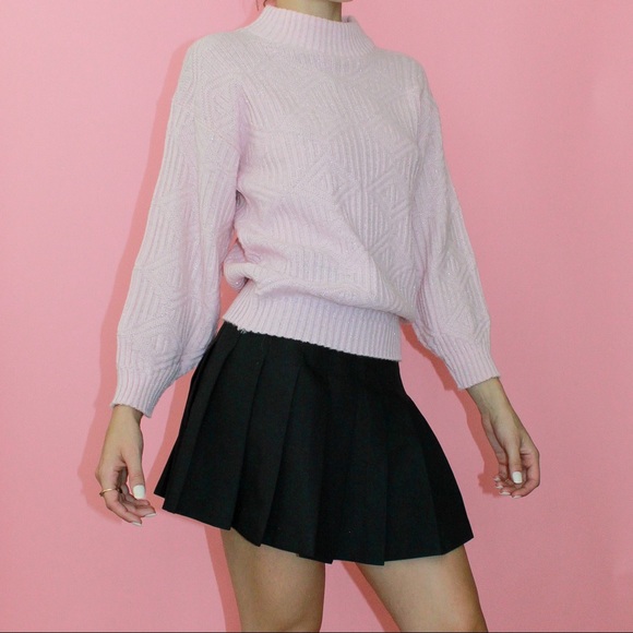 VTG 80s Baby Pink/Metallic Silver Acrylic Ribbed Mock Neck Chunky Knit Sweater - Picture 3 of 10